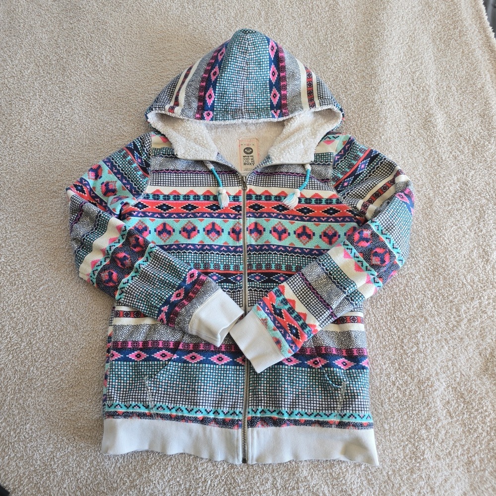 Roxy Full-zip Sherpa-lined Hoodie All-Over Print Y2K 90s Vibes Retro Juniors M‎